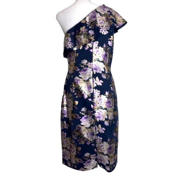 NWT ELIZA J DRESS FLORAL METALLIC FOIL JACQUARD RUFFLE ONE SHOULDER COCKTAIL - Picture 4 of 10